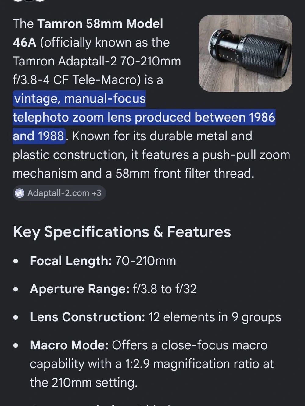 Tamron 2 70-210mm f/3.8-4 Black Telephoto Zoom Lens